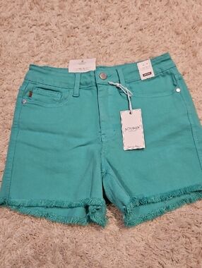 013p Judy Blue Teal Frayed Hem Women's Shorts